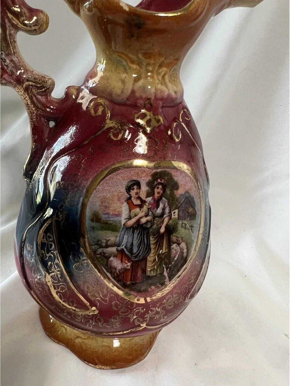 Antique European Design Porcelain 8.5” Tall Farm Scene Handmade English
